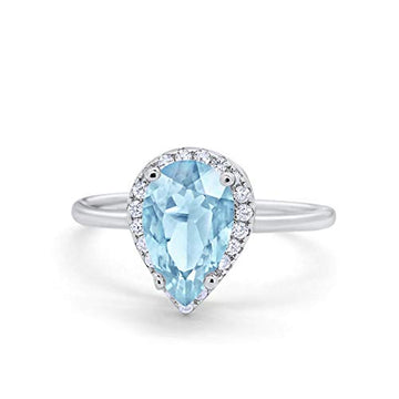 Halo Teardrop Wedding Ring Round Simulated Aquamarine CZ 925 Sterling Silver